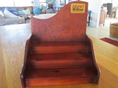 A HANDY SOLID WOOD STEPPED DISPLAY STAND FOR YOUR BATHROOM/KITCHEN GOODIES AND IDEAL MARKET DISPLAY!