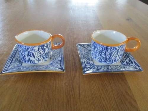 RELISTED - TWO STUDIO POTTERY CUPS AND SAUCERS MADE BY `THE POTTERY SHOP` - LOVE THE SQUARE SAUCERS!