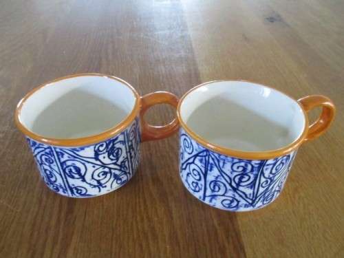 RELISTED - TWO STUDIO POTTERY CUPS AND SAUCERS MADE BY `THE POTTERY SHOP` - LOVE THE SQUARE SAUCERS!