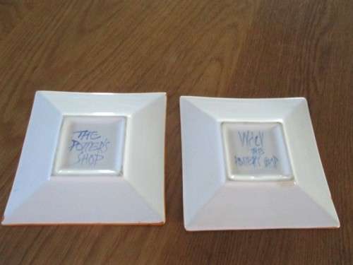 RELISTED - TWO STUDIO POTTERY CUPS AND SAUCERS MADE BY `THE POTTERY SHOP` - LOVE THE SQUARE SAUCERS!