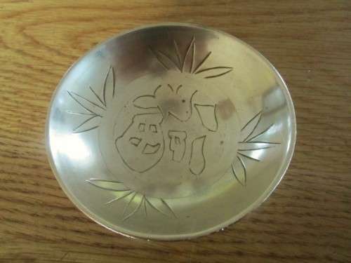 TWO SMALL VINTAGE CHINESE BRASS BOWLS/DISHES WITH GOOD LUCK SYMBOLS (PLEASE DISREGARD REFLECTIONS)