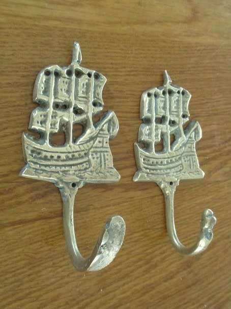 TWO ANTIQUE HAND CAST BRASS TALL SAILING SHIP BRASS HOOKS