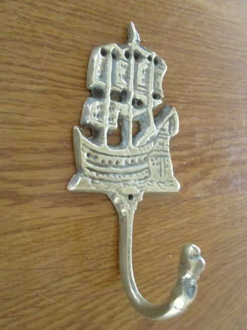 TWO ANTIQUE HAND CAST BRASS TALL SAILING SHIP BRASS HOOKS
