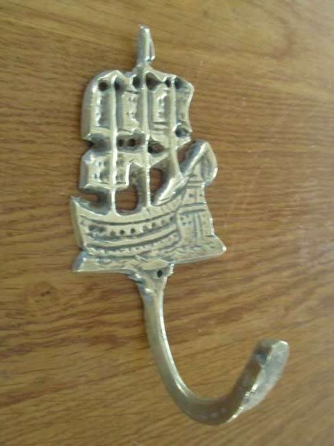 TWO ANTIQUE HAND CAST BRASS TALL SAILING SHIP BRASS HOOKS