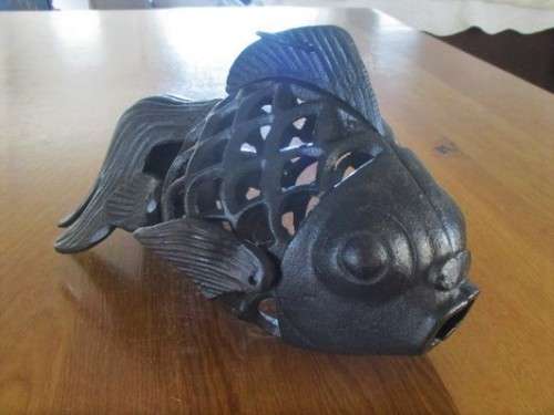 ULTRA RARE AND AWESOME!! VERY LARGE VINTAGE SOLID CAST IRON JAPANESE  KOI FISH CANDLE LANTERN