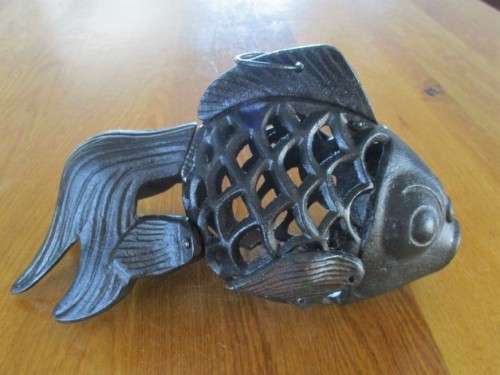 ULTRA RARE AND AWESOME!! VERY LARGE VINTAGE SOLID CAST IRON JAPANESE  KOI FISH CANDLE LANTERN