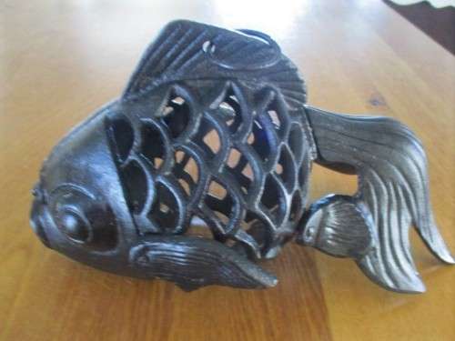 ULTRA RARE AND AWESOME!! VERY LARGE VINTAGE SOLID CAST IRON JAPANESE  KOI FISH CANDLE LANTERN