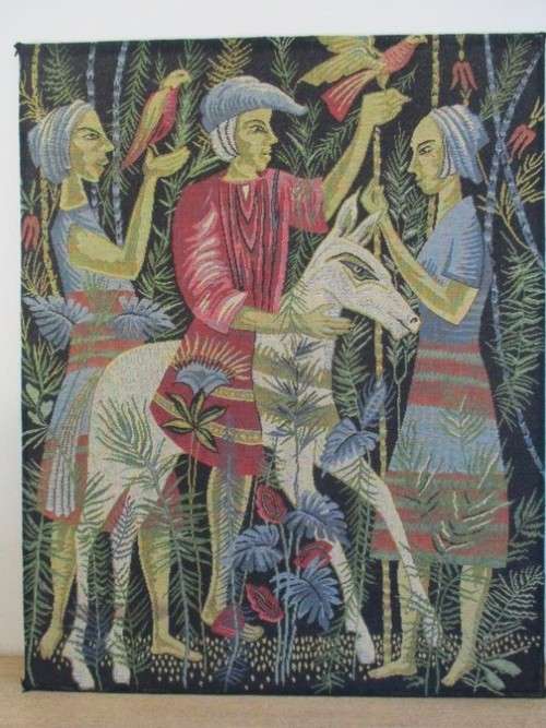 VINTAGE LARGE FRENCH MACHINE MADE TAPESTRY DEPICTING MEDIEVAL FANTASY SCENE