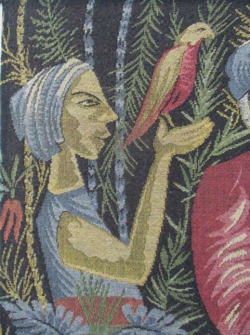 VINTAGE LARGE FRENCH MACHINE MADE TAPESTRY DEPICTING MEDIEVAL FANTASY SCENE