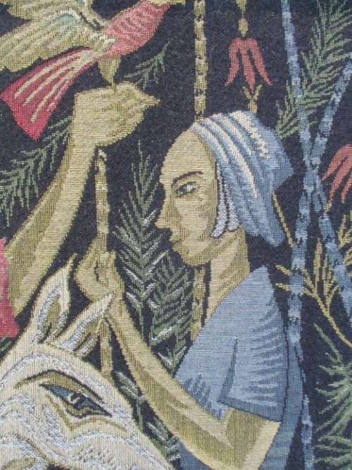 VINTAGE LARGE FRENCH MACHINE MADE TAPESTRY DEPICTING MEDIEVAL FANTASY SCENE