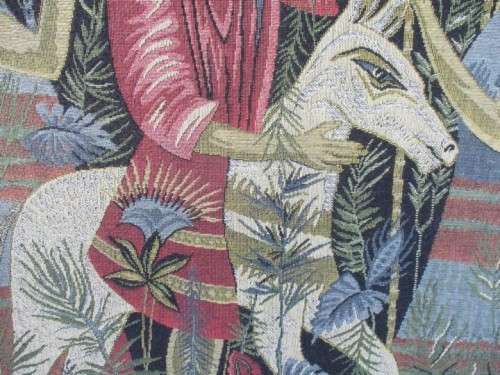 VINTAGE LARGE FRENCH MACHINE MADE TAPESTRY DEPICTING MEDIEVAL FANTASY SCENE