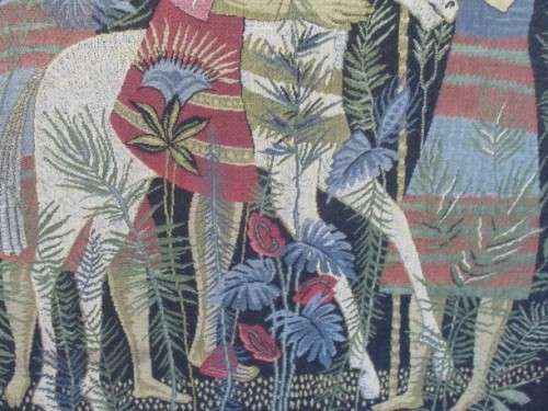 VINTAGE LARGE FRENCH MACHINE MADE TAPESTRY DEPICTING MEDIEVAL FANTASY SCENE
