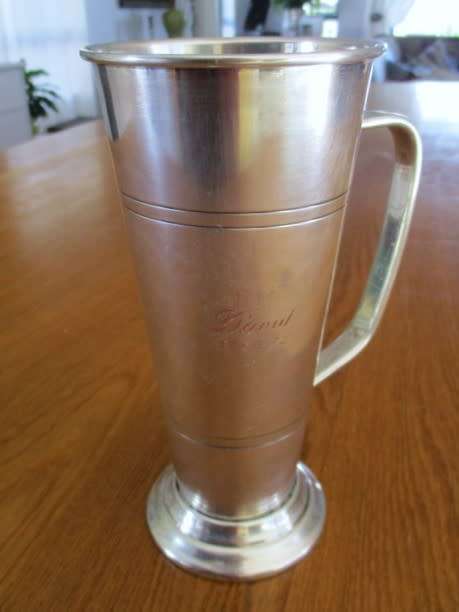 A VINTAGE 1972 EM-ESS SILVER PLATED BEER MUG ENGRAVED WITH THE NAME DAVID