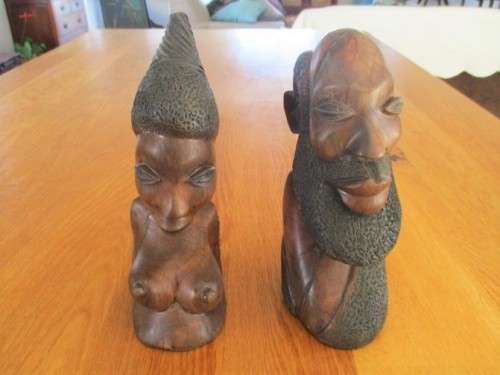 TWO DETAILED HAND CARVED WOODEN AFRICAN BUST SCULPTURES - HEAVY SO WOULD BE GREAT AS BOOKENDS TOO!