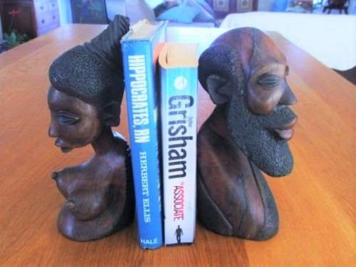 TWO DETAILED HAND CARVED WOODEN AFRICAN BUST SCULPTURES - HEAVY SO WOULD BE GREAT AS BOOKENDS TOO!
