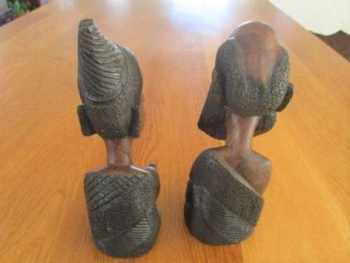 TWO DETAILED HAND CARVED WOODEN AFRICAN BUST SCULPTURES - HEAVY SO WOULD BE GREAT AS BOOKENDS TOO!