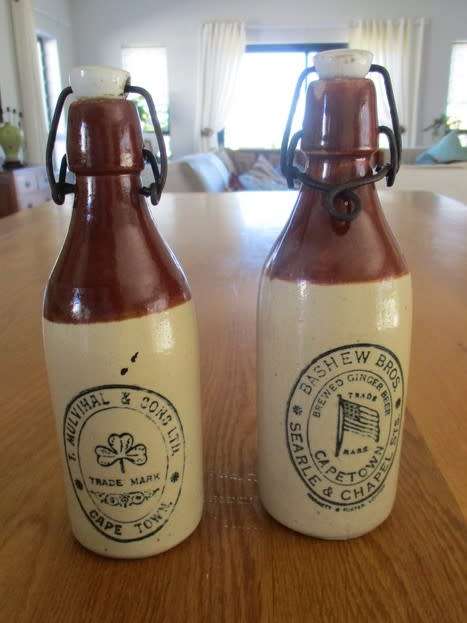 FOR ANTICO5939 ONLY - TWO ANTIQUE STONEWARE GINGER BEER BOTTLES - RARE TO FIND WITH LIDS!!