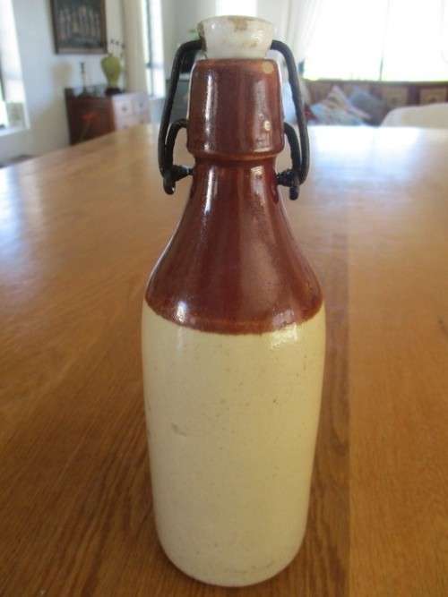FOR ANTICO5939 ONLY - TWO ANTIQUE STONEWARE GINGER BEER BOTTLES - RARE TO FIND WITH LIDS!!