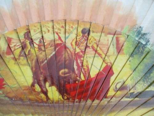 ANTIQUE  HAND PAINTED WOOD and CLOTH SPANISH HAND FAN DEPICTING BULLFIGHTING SCENE
