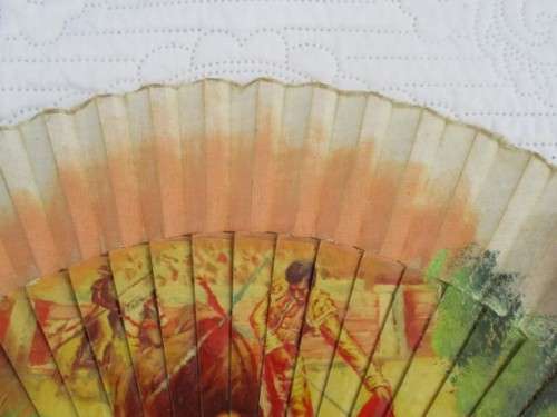 ANTIQUE  HAND PAINTED WOOD and CLOTH SPANISH HAND FAN DEPICTING BULLFIGHTING SCENE