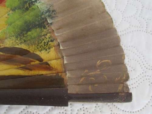 ANTIQUE  HAND PAINTED WOOD and CLOTH SPANISH HAND FAN DEPICTING BULLFIGHTING SCENE