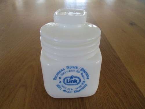 VINTAGE 1980's MILK GLASS APOTHECARY JAR -  ALEX GRANT PHARMACY, HERMANUS (WITH OLD 9 DIGIT TEL.NO.)