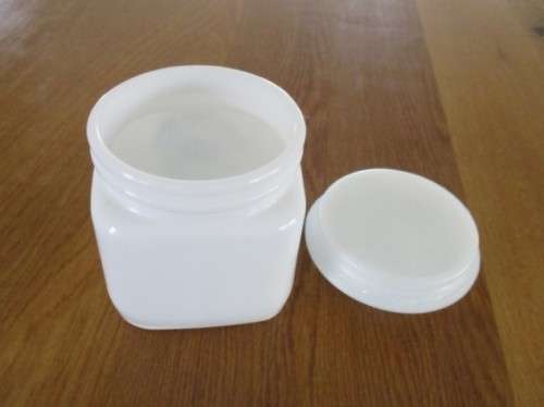 VINTAGE 1980's MILK GLASS APOTHECARY JAR -  ALEX GRANT PHARMACY, HERMANUS (WITH OLD 9 DIGIT TEL.NO.)
