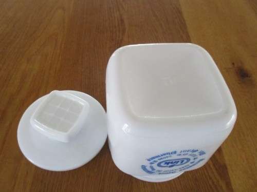 VINTAGE 1980's MILK GLASS APOTHECARY JAR -  ALEX GRANT PHARMACY, HERMANUS (WITH OLD 9 DIGIT TEL.NO.)