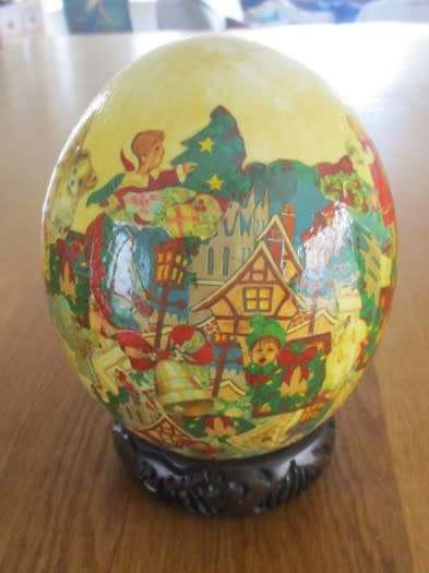 VINTAGE DECOUPAGED OSTRICH EGG WITH VICTORIAN CHRISTMAS SCENES