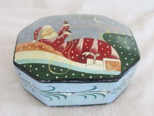 2.. -  HAND PAINTED LACQUERED WOODEN TRINKET BOX WITH SANTA