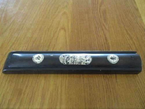 FOR SOMARI ONLY WOODEN CHINESE SLIDING BOX WITH IVORY/BONE SCRIMSHAW INLAYS & 2 CHOPSTICKS?HAIRPINS?
