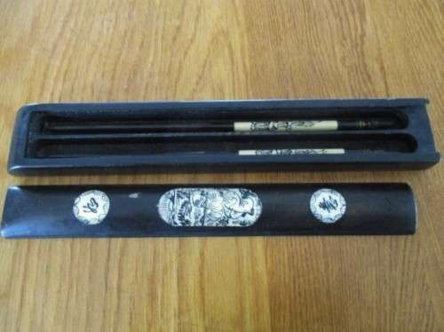 FOR SOMARI ONLY WOODEN CHINESE SLIDING BOX WITH IVORY/BONE SCRIMSHAW INLAYS & 2 CHOPSTICKS?HAIRPINS?