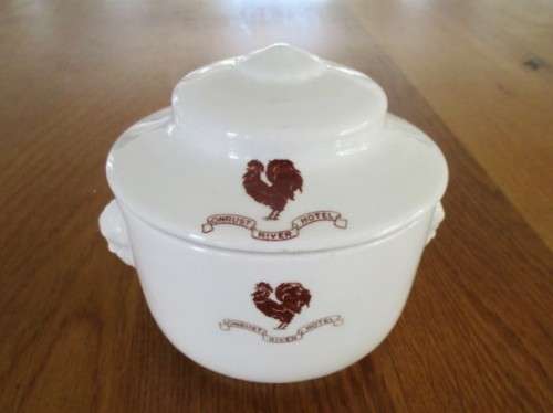 AN ANTIQUE EARLY 1900`s LIDDED DISH FROM THE ERSTWHILE ONRUST RIVER HOTEL MADE BY JOHN MADDOCK