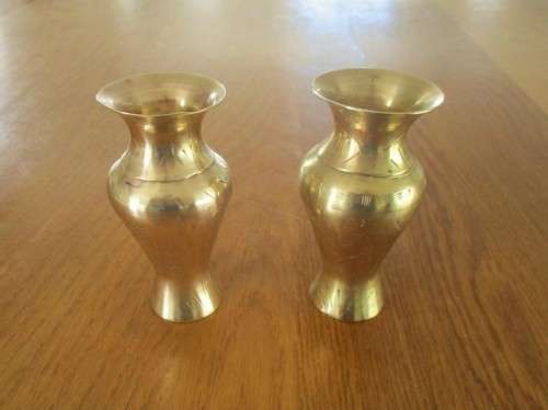 TWO SMALL VINTAGE ENGRAVED CHINESE BRASS VASES