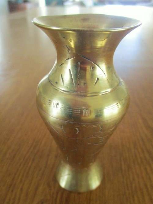 TWO SMALL VINTAGE ENGRAVED CHINESE BRASS VASES