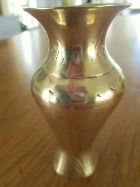 TWO SMALL VINTAGE ENGRAVED CHINESE BRASS VASES
