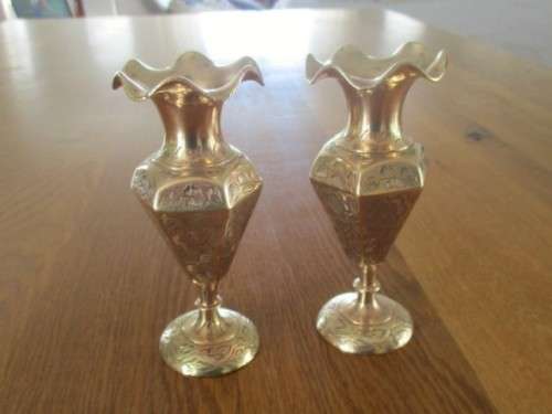 TWO  BEAUTIFULLY ENGRAVED VINTAGE INDIAN BRASS POSY VASES