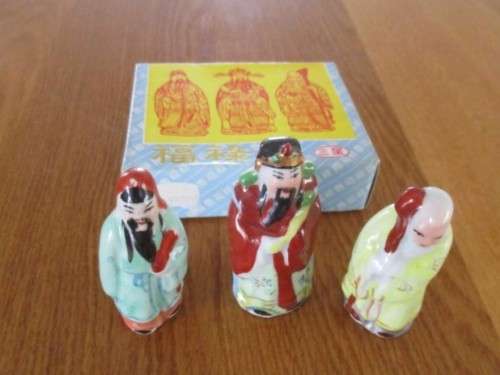 THREE PORCELAIN CHINESE IMMORTALS - FU,LU AND SHOU - IN ORIGINAL BOX