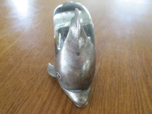 A CUTE GLASS AND METAL DOLPHIN/PORPOISE PAPERWEIGHT