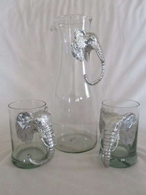 FOR SOMARI ONLY - NGWENYA GLASS PITCHER AND TWO BEER GLASSES WITH PEWTER ELEPHANT HEAD HANDLES