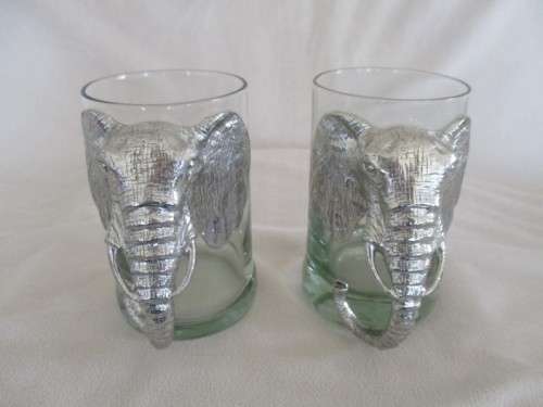 FOR SOMARI ONLY - NGWENYA GLASS PITCHER AND TWO BEER GLASSES WITH PEWTER ELEPHANT HEAD HANDLES