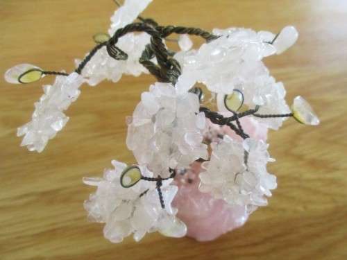 TWO SMALL ORNAMENTAL GEMSTONE TREES - ONE TIGER'S EYE AND ONE ROSE AND WHITE QUARTZ