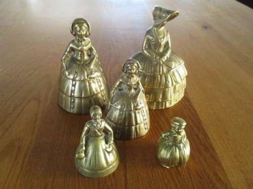 FIVE COLLECTABLE SOLID BRASS DUTCH LADY BELLS (SMALL D.DINANT ONE VERY RARE)