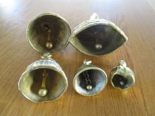 FIVE COLLECTABLE SOLID BRASS DUTCH LADY BELLS (SMALL D.DINANT ONE VERY RARE)