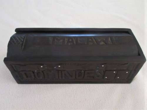 HAND CARVED IN MALAWI - VINTAGE WOODEN DOMINOES SET IN BOX WITH SLIDING LID - COMPLETE