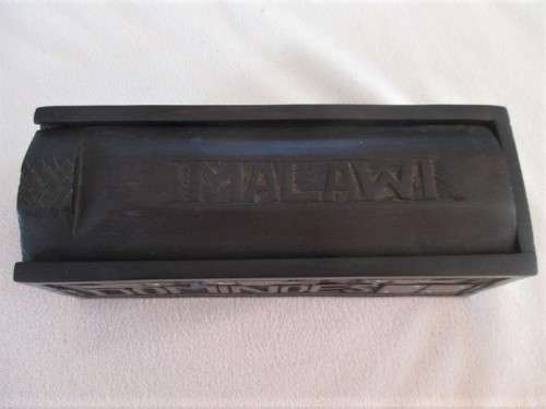 HAND CARVED IN MALAWI - VINTAGE WOODEN DOMINOES SET IN BOX WITH SLIDING LID - COMPLETE