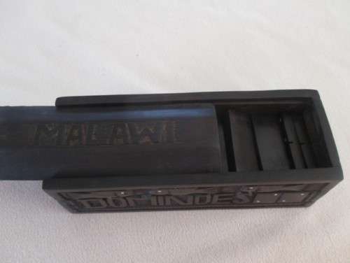 HAND CARVED IN MALAWI - VINTAGE WOODEN DOMINOES SET IN BOX WITH SLIDING LID - COMPLETE