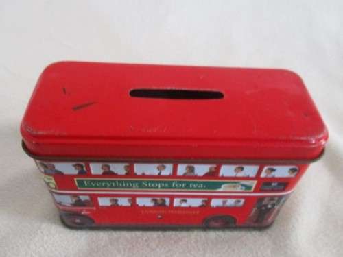CUTE LITTLE ENGLISH BREAKFAST TEA TIN - LONDON BUS CUM SAVINGS BOX