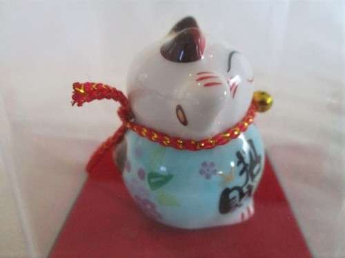 A CUTE CHINESE PORCELAIN MANEKI-NEKO (LUCKY CAT) IN PERSPEX BOX
