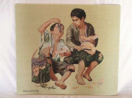 LARGE VINTAGE 1980  COMBINATION PETIT POINT TAPESTRY OF BOYS EATING FRUIT (SIGNED)